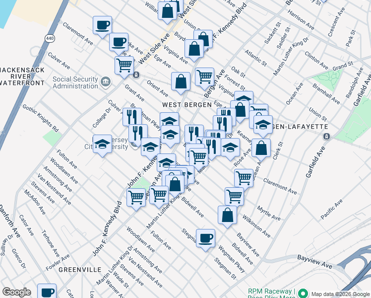 map of restaurants, bars, coffee shops, grocery stores, and more near 232 Bergen Avenue in Jersey City