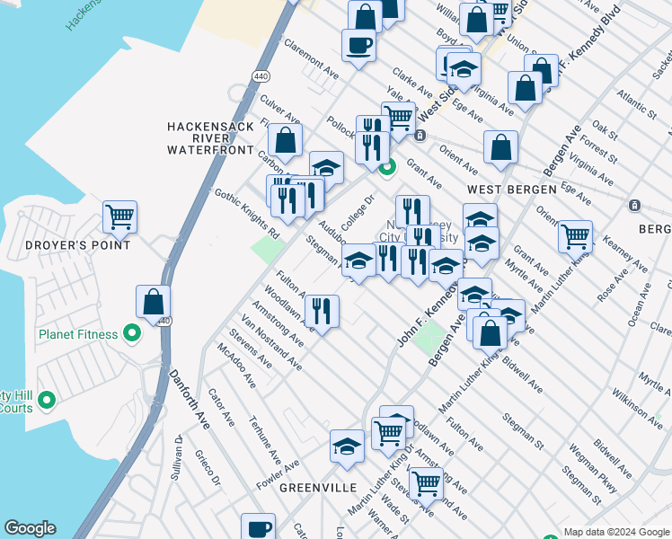 map of restaurants, bars, coffee shops, grocery stores, and more near 356 Stegman Parkway in Jersey City