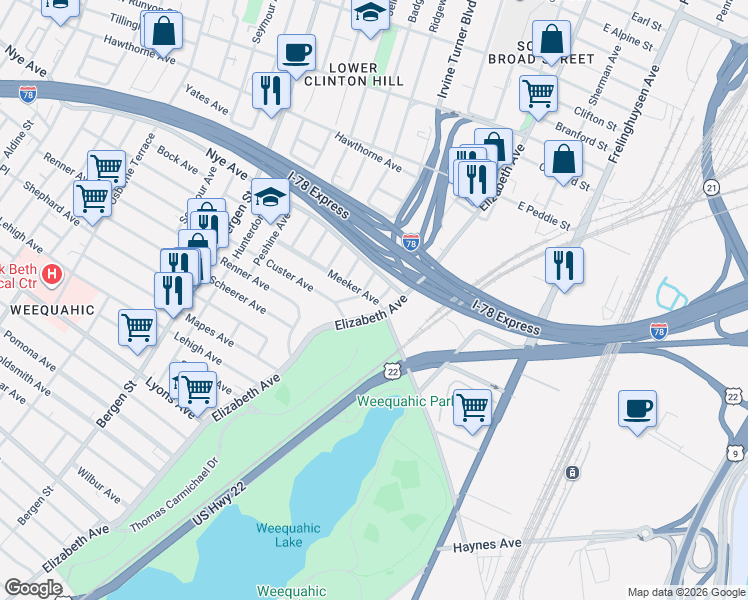 map of restaurants, bars, coffee shops, grocery stores, and more near 243-245 Meeker Avenue in Newark