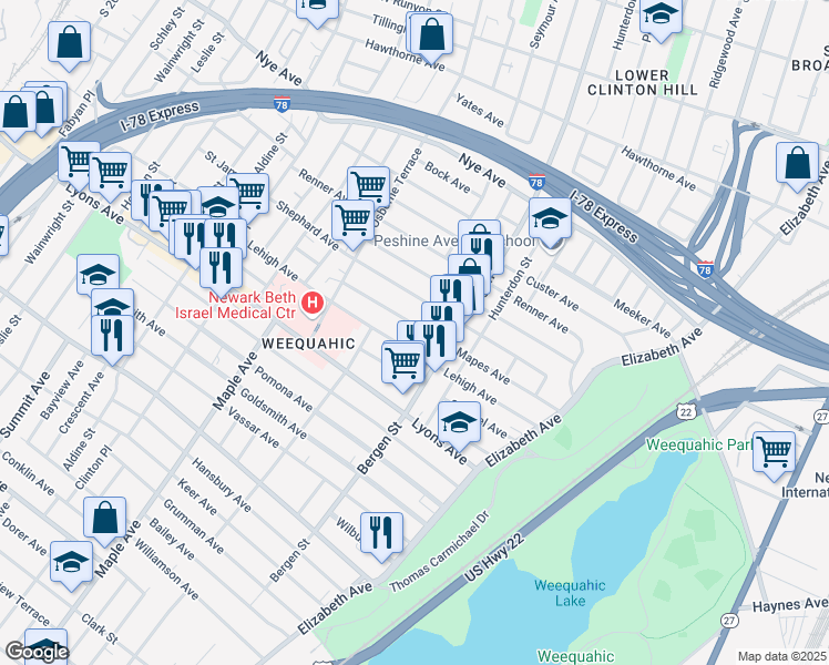 map of restaurants, bars, coffee shops, grocery stores, and more near 123 Mapes Avenue in Newark