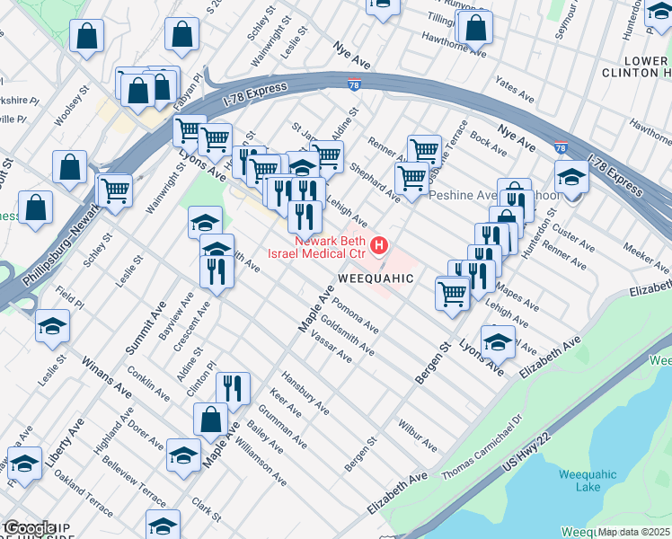 map of restaurants, bars, coffee shops, grocery stores, and more near 208 Lyons Avenue in Newark