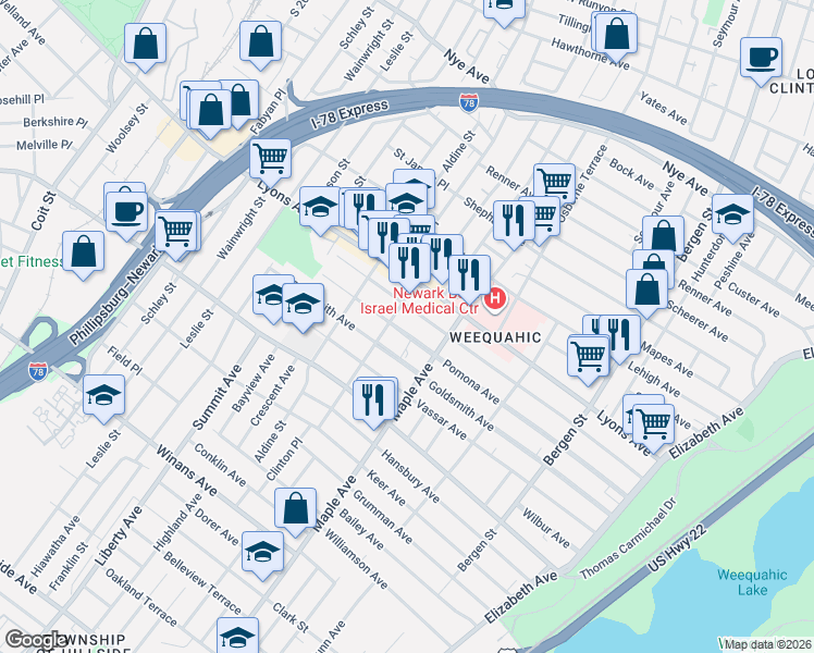 map of restaurants, bars, coffee shops, grocery stores, and more near 224 Weequahic Avenue in Newark