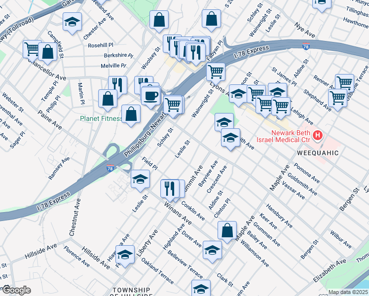 map of restaurants, bars, coffee shops, grocery stores, and more near 324 Wainwright Street in Newark