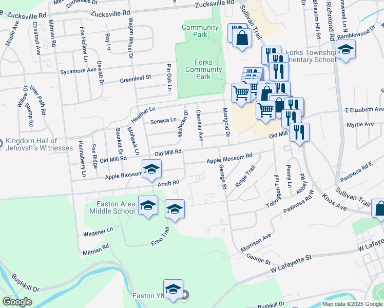 map of restaurants, bars, coffee shops, grocery stores, and more near 527 Old Mill Road in Easton