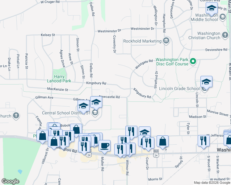map of restaurants, bars, coffee shops, grocery stores, and more near 1108 Kingsbury Road in Washington