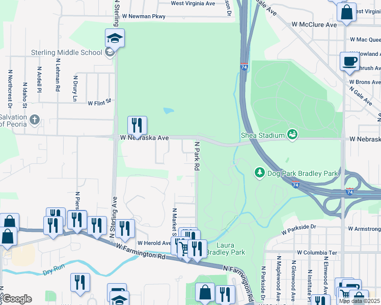 map of restaurants, bars, coffee shops, grocery stores, and more near 1808 North Otley Road in Peoria