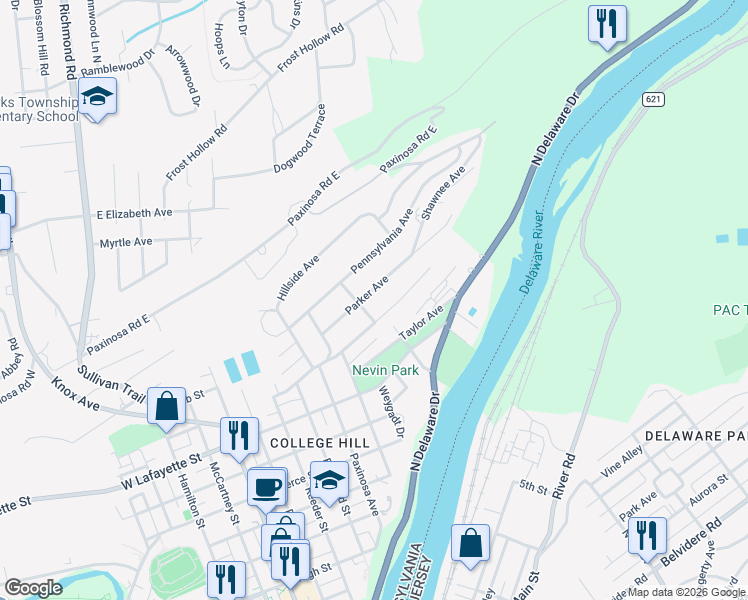map of restaurants, bars, coffee shops, grocery stores, and more near 125 Parker Avenue in Easton