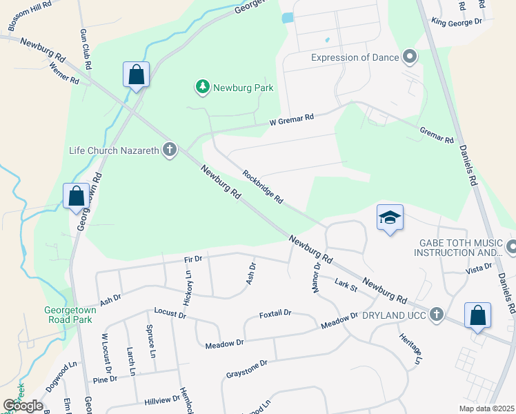 map of restaurants, bars, coffee shops, grocery stores, and more near 4528 Newburg Road in Nazareth