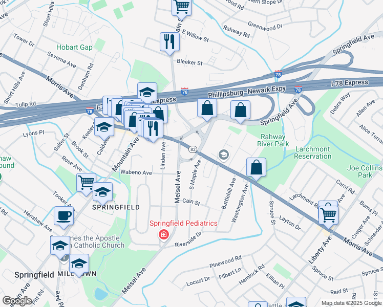 map of restaurants, bars, coffee shops, grocery stores, and more near 125 Morris Avenue in Springfield