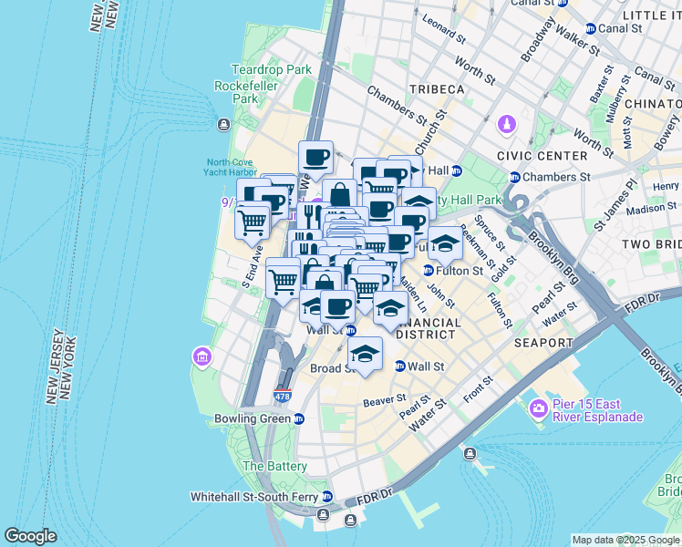 map of restaurants, bars, coffee shops, grocery stores, and more near in New York