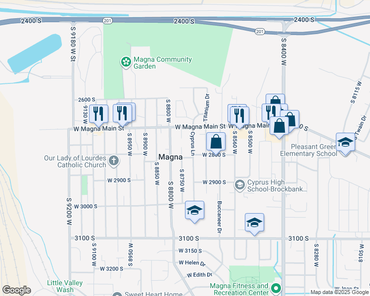 map of restaurants, bars, coffee shops, grocery stores, and more near 2773 Cyprus Grove Circle in Magna