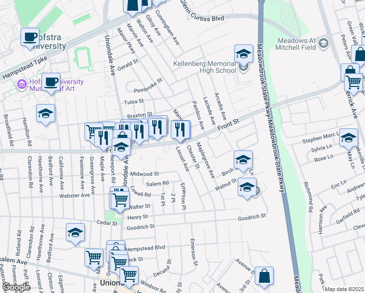 map of restaurants, bars, coffee shops, grocery stores, and more near in Uniondale