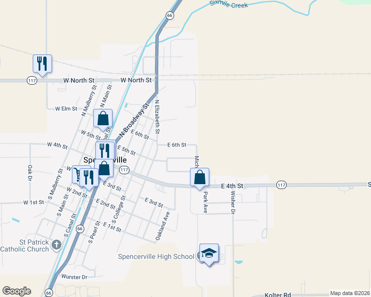 map of restaurants, bars, coffee shops, grocery stores, and more near 514 East 6th Street in Spencerville