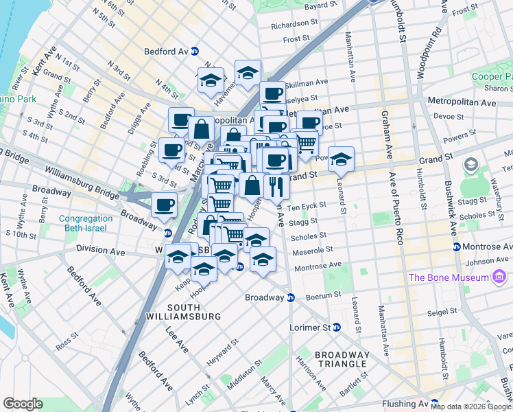 map of restaurants, bars, coffee shops, grocery stores, and more near S 2nd St & Hooper St in Brooklyn
