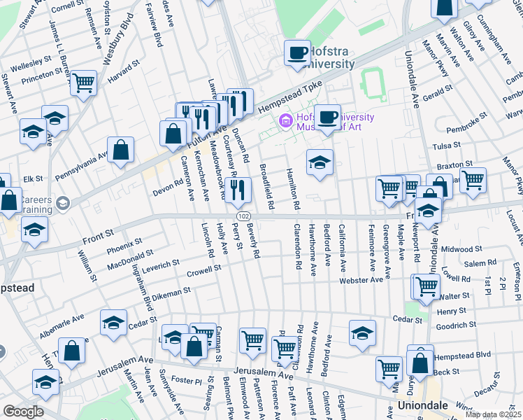 map of restaurants, bars, coffee shops, grocery stores, and more near 151 Duncan Road in Hempstead