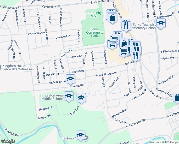 map of restaurants, bars, coffee shops, grocery stores, and more near 527 Old Mill Road in Easton