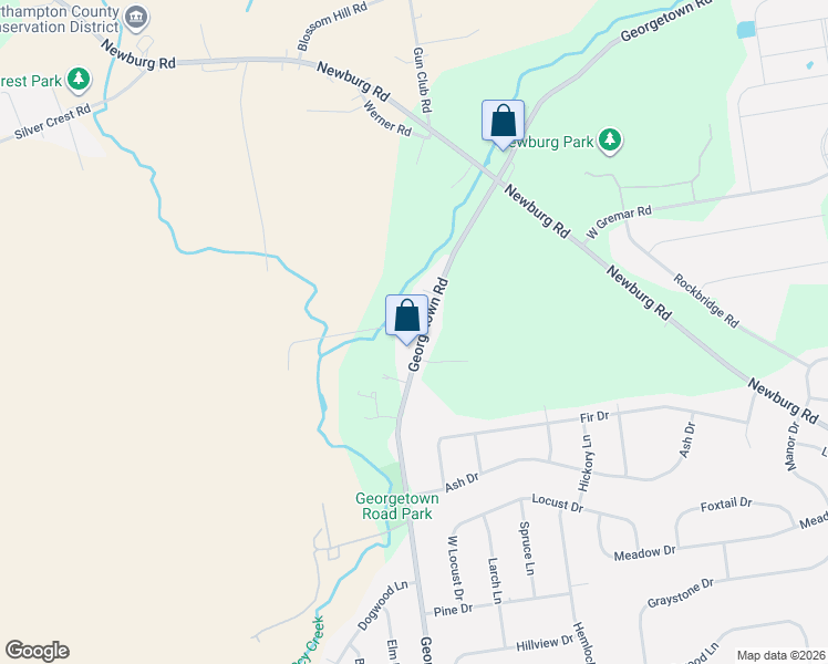 map of restaurants, bars, coffee shops, grocery stores, and more near 567 Georgetown Road in Nazareth