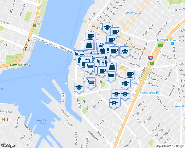 map of restaurants, bars, coffee shops, grocery stores, and more near Berry St & S 8th St in Brooklyn