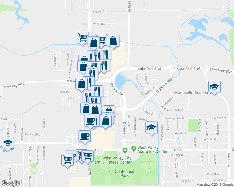 map of restaurants, bars, coffee shops, grocery stores, and more near 5444 Fairgrove Lane in West Valley City