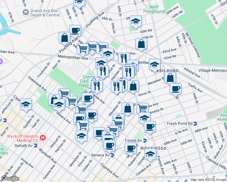 map of restaurants, bars, coffee shops, grocery stores, and more near 483 Grandview Avenue in Queens