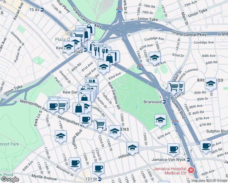 map of restaurants, bars, coffee shops, grocery stores, and more near Kew Gardens Road in Queens