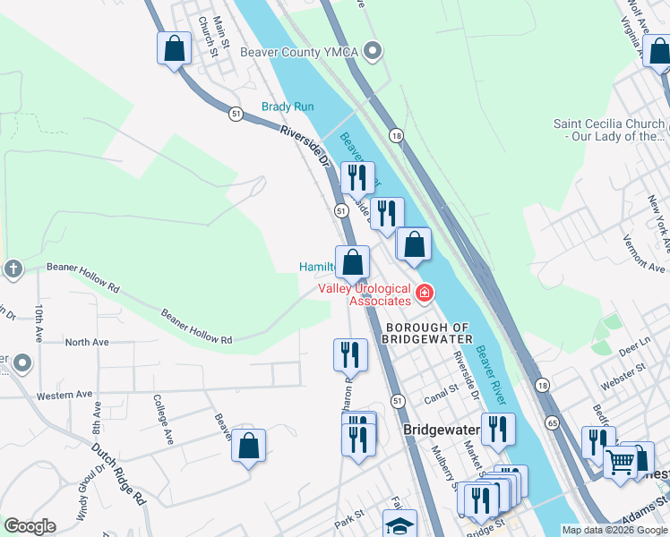 map of restaurants, bars, coffee shops, grocery stores, and more near 1439 Sharon Road in Beaver