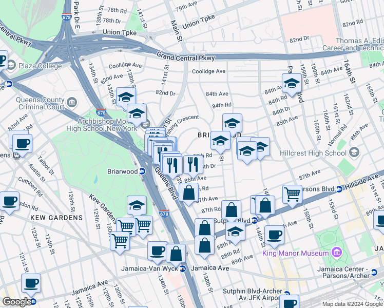 map of restaurants, bars, coffee shops, grocery stores, and more near 141-13 85th Road in Queens