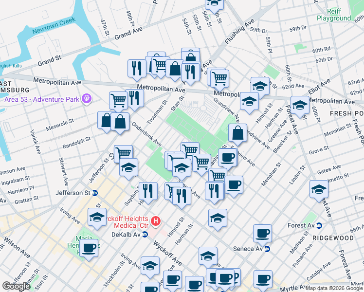 map of restaurants, bars, coffee shops, grocery stores, and more near 18-77 Hart Street in Queens