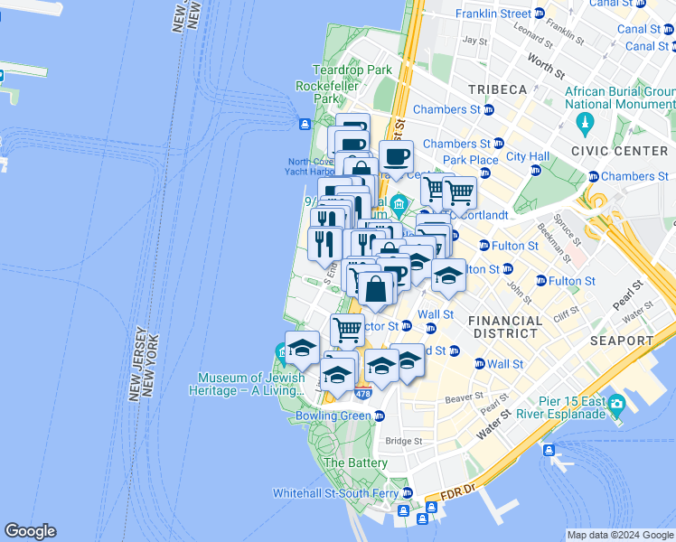 map of restaurants, bars, coffee shops, grocery stores, and more near 258 Albany Street in New York