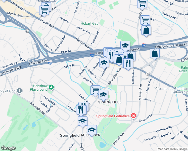 map of restaurants, bars, coffee shops, grocery stores, and more near 30 Brook Street in Springfield