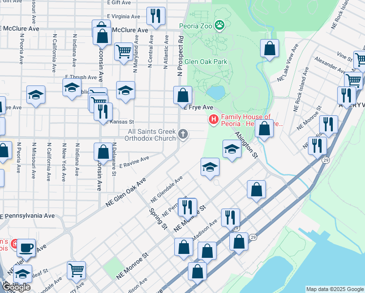 map of restaurants, bars, coffee shops, grocery stores, and more near 1617 Northeast Glen Oak Avenue in Peoria