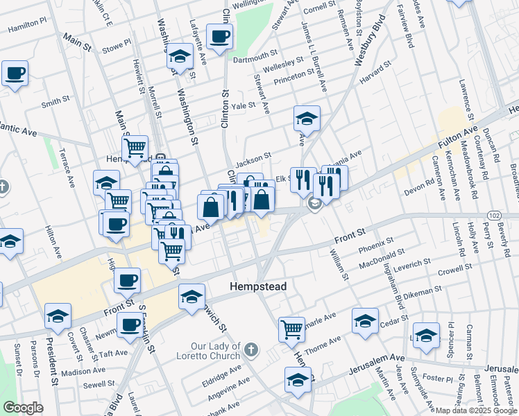 map of restaurants, bars, coffee shops, grocery stores, and more near 387-403 Fulton Avenue in Hempstead
