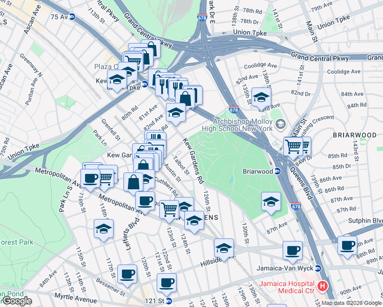 map of restaurants, bars, coffee shops, grocery stores, and more near 83-30 Kew Gardens Road in Queens