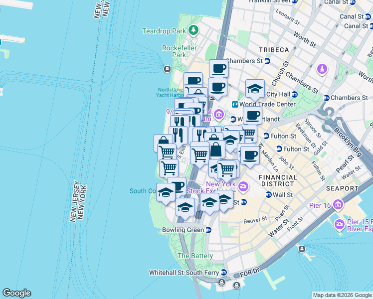 map of restaurants, bars, coffee shops, grocery stores, and more near 315 South End Avenue in New York
