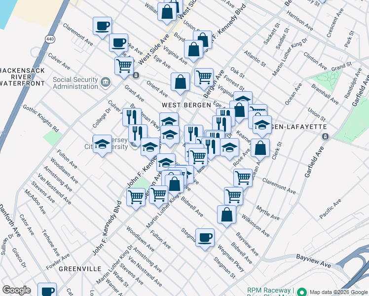 map of restaurants, bars, coffee shops, grocery stores, and more near 232 Bergen Avenue in Jersey City