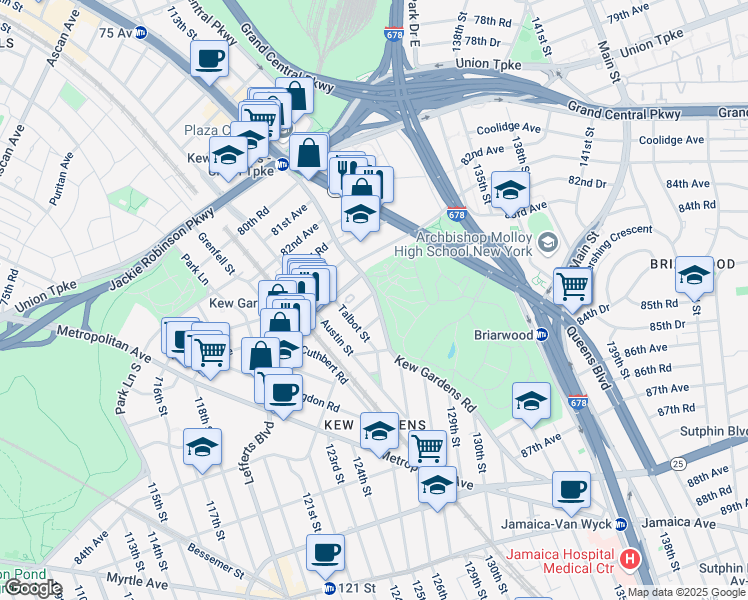 map of restaurants, bars, coffee shops, grocery stores, and more near 83-30 Kew Gardens Road in Queens