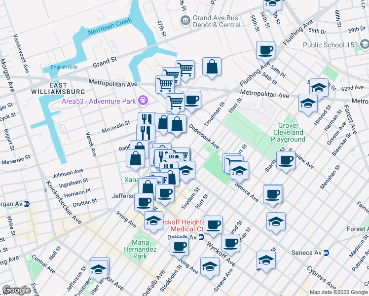 map of restaurants, bars, coffee shops, grocery stores, and more near 17-17 Troutman Street in Queens