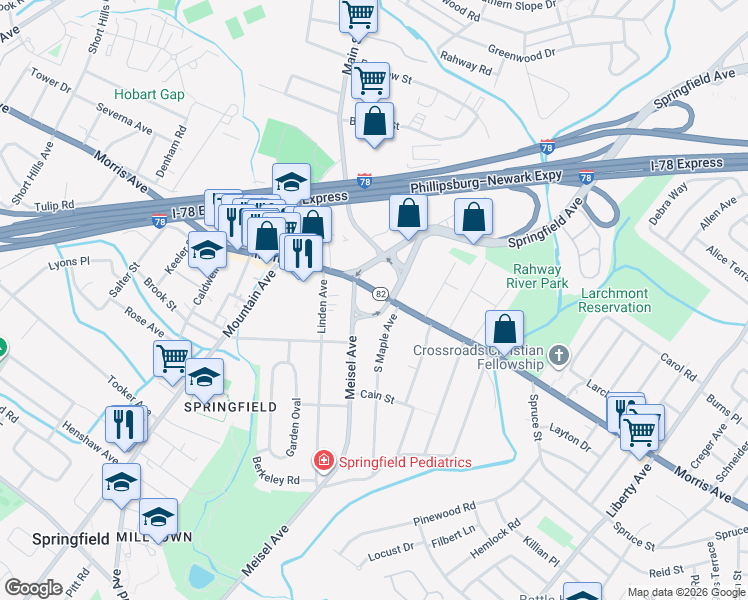 map of restaurants, bars, coffee shops, grocery stores, and more near 125 Morris Avenue in Springfield