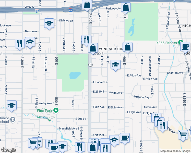 map of restaurants, bars, coffee shops, grocery stores, and more near 731 East Nibley View Court in Millcreek