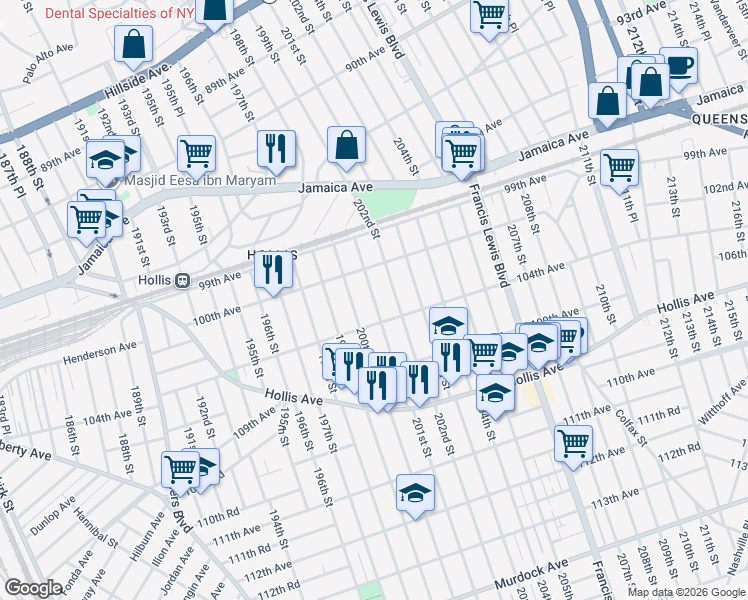 map of restaurants, bars, coffee shops, grocery stores, and more near 100-27 201st Street in Queens
