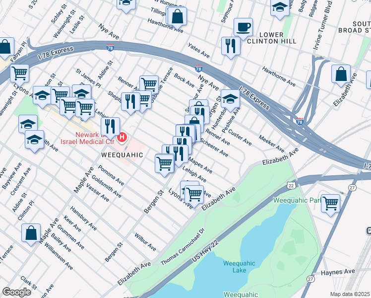 map of restaurants, bars, coffee shops, grocery stores, and more near 996 Bergen Street in Newark