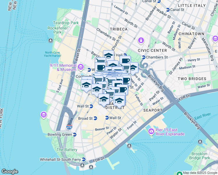 map of restaurants, bars, coffee shops, grocery stores, and more near 12 John Street in New York