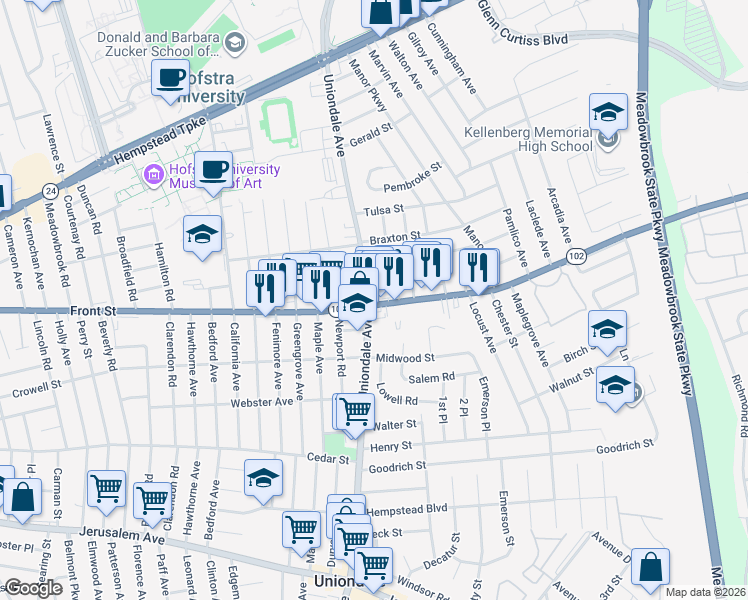 map of restaurants, bars, coffee shops, grocery stores, and more near 1049 Front Street in Uniondale