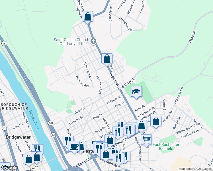 map of restaurants, bars, coffee shops, grocery stores, and more near 452 Park Street in Rochester