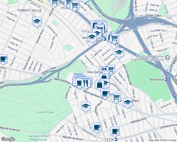 map of restaurants, bars, coffee shops, grocery stores, and more near 80-73 Park Lane in Queens