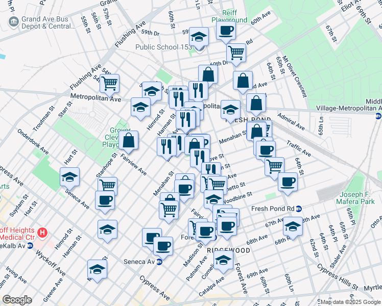 map of restaurants, bars, coffee shops, grocery stores, and more near 63-24 Forest Avenue in Queens