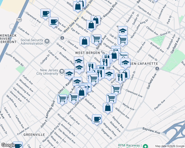map of restaurants, bars, coffee shops, grocery stores, and more near 114 Grant Avenue in Jersey City