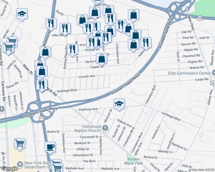 map of restaurants, bars, coffee shops, grocery stores, and more near 13 Harrison Street in Farmingdale