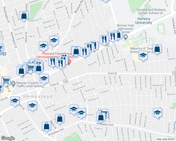map of restaurants, bars, coffee shops, grocery stores, and more near 60 Hendrickson Avenue in Hempstead
