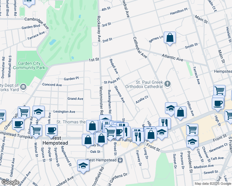 map of restaurants, bars, coffee shops, grocery stores, and more near 43 Stevens Avenue in Hempstead